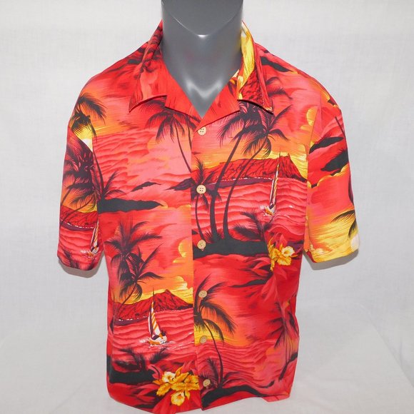 VTG Y2k AIR EAGLE Mens L Red Yellow Sunset Palm Trees Hawaiian Shirt - Picture 1 of 12